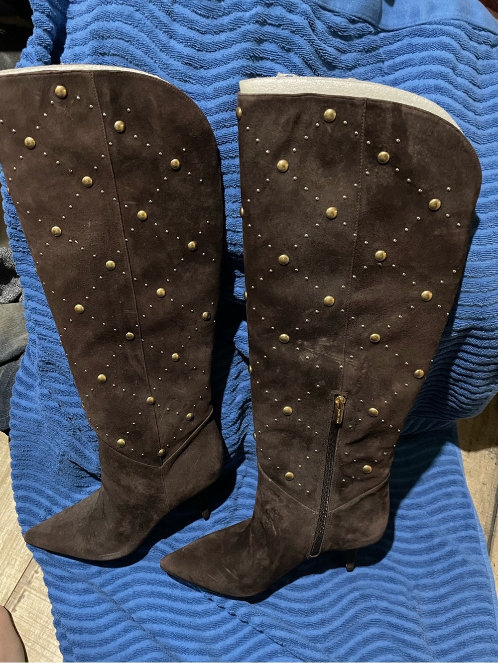 Women's Studded Knee-High Suede Boots - Brown